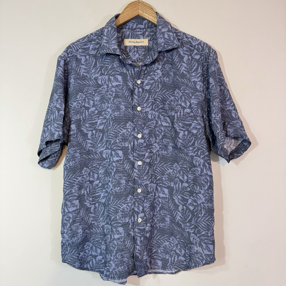 TOMMY BAHAMA Short Sleeve Camp Shirt Tencel Modal Blue Tropical Palm Print Sz M